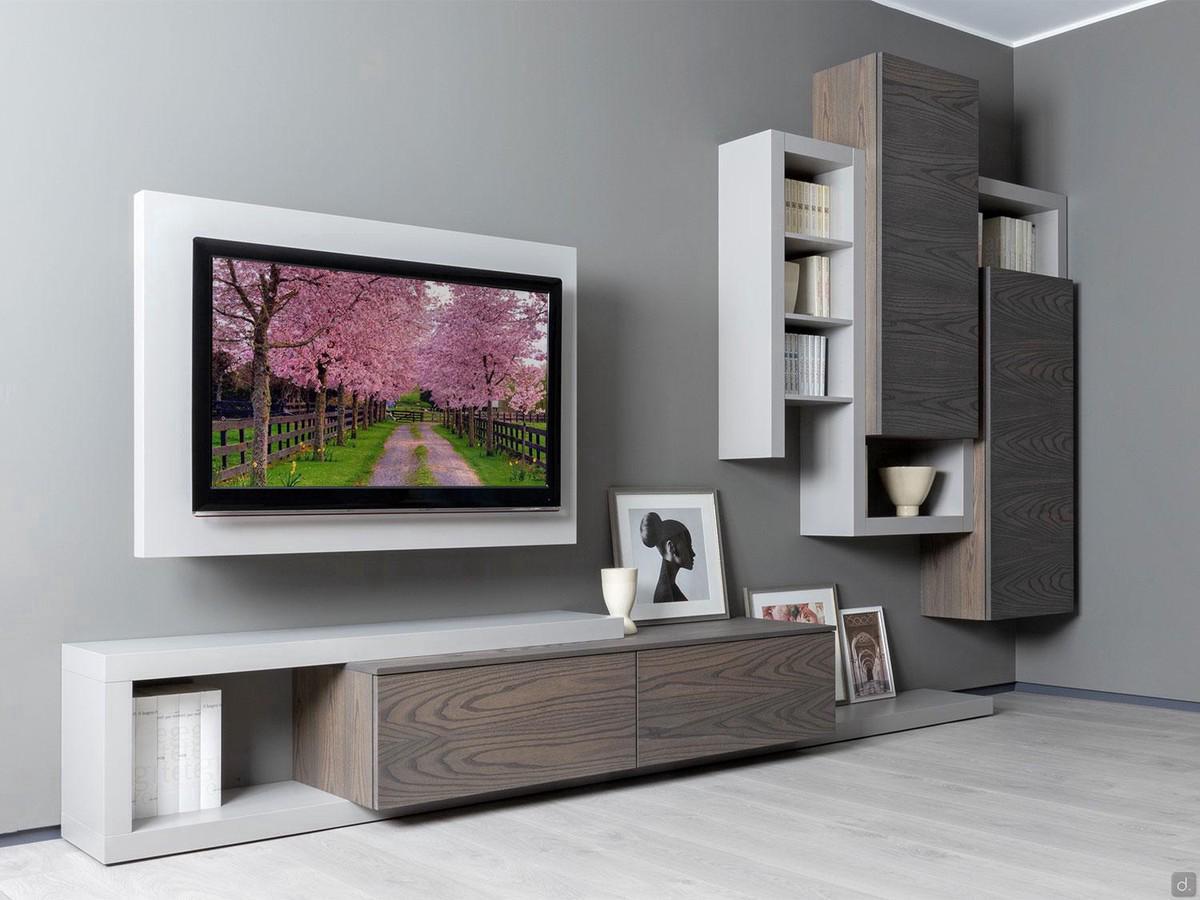 Bespoke wall system with suspended TV Park 11, grounded containers, hinged-door wall units, bookshelf shelves. Made in elm wood and lacquered