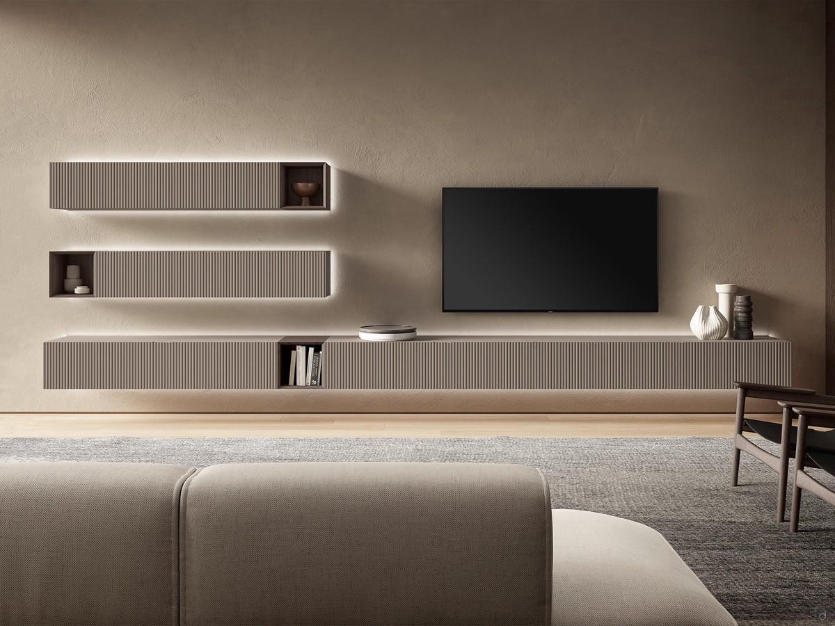 Wall-hung base units in matt lacquered hazelnut finish with 10:10 front processing