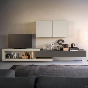 Low living room wall system Plan 19 featuring an original C-shaped element, wall units and cabinets with drop down door.