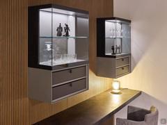 Showcase wall units with drawers suspended on wood panelling