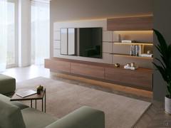 Wall panels in Sketch Rock textured melamine combined with Canaletto walnut storage units and shelves in Terranova matte lacquer