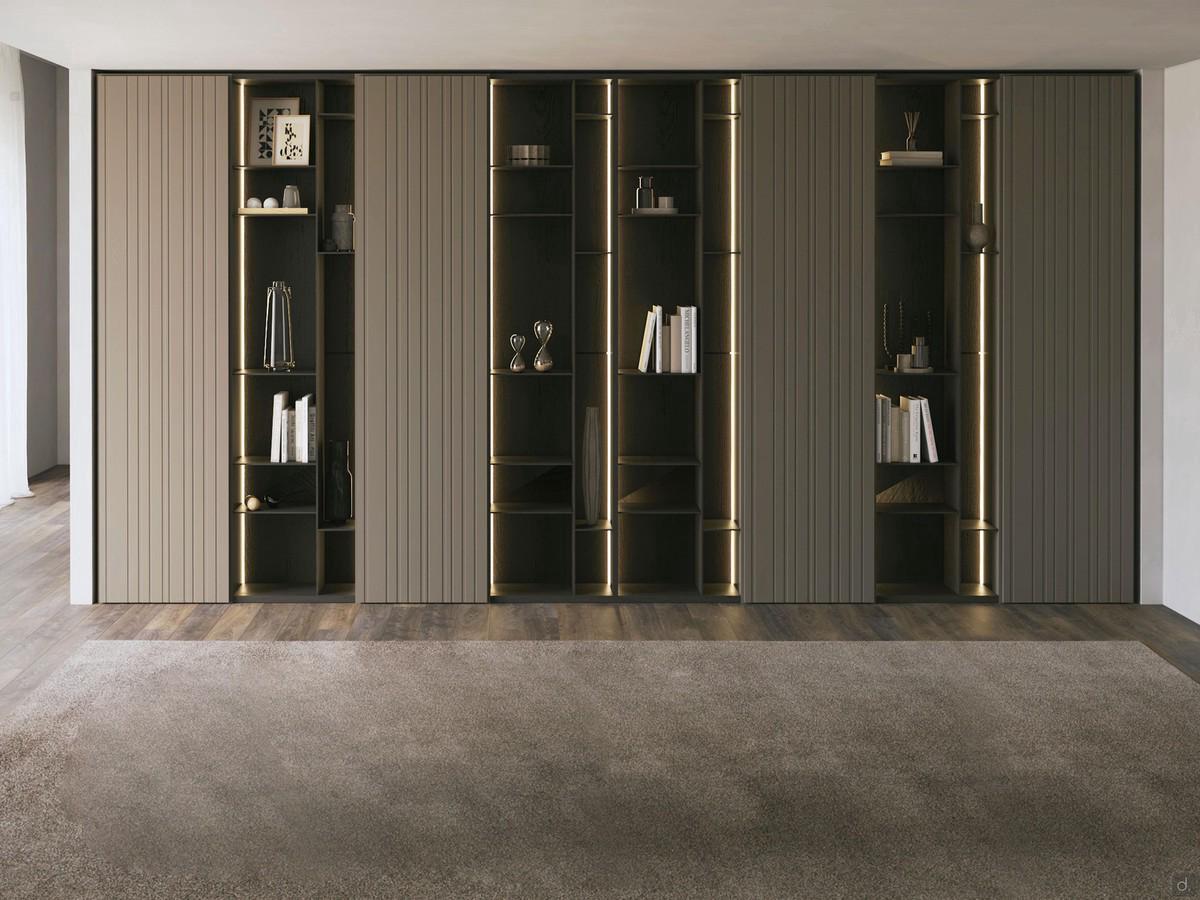 Titanium matt lacquered Lounge wall cupboard column with machined doors with 80:40 decoration, combined with Patchwork bookcase columns