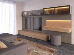 Replay 07 wall system with suspended TV and desk in 360 cm version, also available in 300 or 390. Height always 192 cm