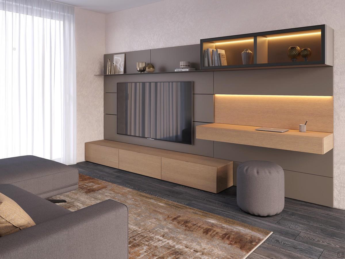 Replay 07 wall system with suspended TV and desk in 360 cm version, also available in 300 or 390. Height always 192 cm