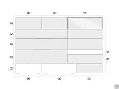 Schematics and dimensions of the Replay 07 wall unit, in the 300 cm wide A version