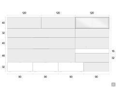 Schematics and dimensions of the Replay 07 wall unit, in the 360 cm wide B version