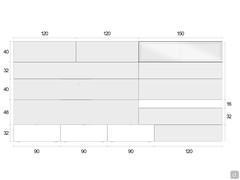 Schematics and dimensions of the Replay 07 wall unit, in the 390 cm wide C version