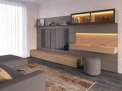 Replay 07 wall system with suspended TV and desk in 360 cm version, also available in 300 or 390. Height always 192 cm