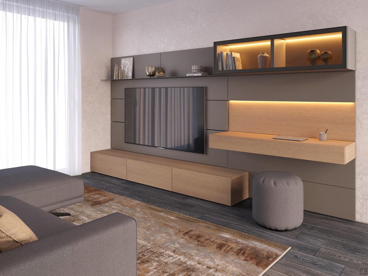 Replay 07 wall system with suspended TV and desk in 360 cm version, also available in 300 or 390. Height always 192 cm