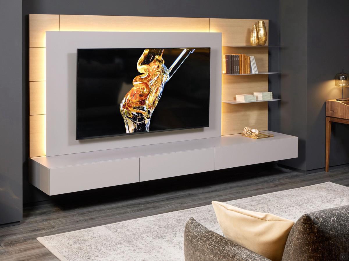 Replay 09 living room wall unit with an elegant combination of silica matte lacquered base units, TV stand and shelves and the havana oak veneered wood of the wall paneling