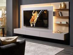 Three-quarter view showing the suspended yet compact layout of this wall unit, perfect for living rooms and lounges with a relatively limited surface area
