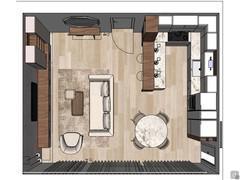 Modèle 3D d'un projet de plan ouvert avec salon, cuisine et salle à manger