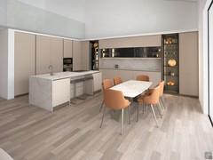 Rendu photoréaliste d'un projet de plan ouvert comprenant une cuisine ouverte sur le salon