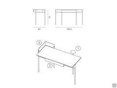Schéma dimensionnel et détail des accessoires disponibles : 1. plateau ; 2. tiroir sous plan ; 3. rebord textile