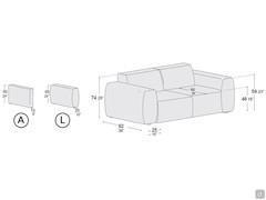Dimensions des différents éléments qui composent le canapé Sparks. En détail, remarquez les deux accoudoirs linéaires (A) et le grand accoudoir (L)