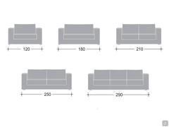 Schémas et dimensions du canapé Sparks dans les versions linéaires. Les largeurs sont celles de l'accoudoir Large. Dans le cas de l'accoudoir Linéaire, il faut soustraire 20 cm.