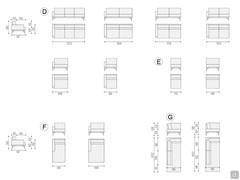 Schémas dimensionnels Canapé d'angle modulable Agadir : D) éléments d'extrémité E) éléments centraux F) méridienne G) angle-retour méridienne