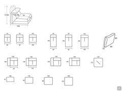 Éléments et modularité disponibles pour le canapé Monterey : sièges linéaires, chaise longue, pièces d'extrémité, pièces d'angle, pouf et accoudoir en option.