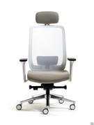 Chaise de bureau haute Elon avec appui-tête, coque blanche, mécanisme de synchronisation rapide, accoudoirs pivotants réglables en hauteur, largeur et profondeur et base en aluminium poli.