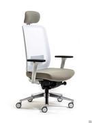 Fauteuil pivotant et élévateur Elon avec coque blanche, mécanisme de synchronisation rapide, accoudoirs réglables en 4D et base en aluminium poli