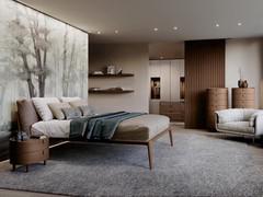 Chambre à coucher agencé avec les produits de la collection Aries. Outre à la table de chevet et à la commode on note également le lit, avec les pieds et la structure assortis à la tête de lit  matelassé