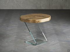 Table de chevet Managua en version ronde, avec base en verre transparent pour un effet spécial de suspension de la partie en chêne massif.