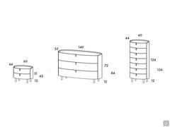 Schémas et dimensions du chevet, de la commode et du meuble à tiroirs Aries