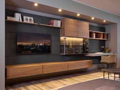 Ensemble TV mural Freehand 13 avec secrétaire intégré, vitrine, compartiment bibliothèque et éléments de rangement suspendus