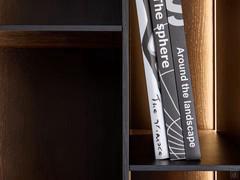 Détail de la bibliothèque Patchwork plaquée en chêne E26 Carbon, équipée de LED verticales à l'arrière