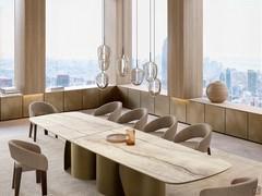 Lampe Guadalupe avec 8 diffuseurs coordonnée avec la table Torquay, dans l'importante version XL de 340 cm. Chaque modèle Guadalupe est mieux adapté à un type spécifique de plateau de table. Le tableau dans Technical Insight montre ces combinaisons.