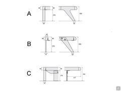 Trois modèles de pieds sont disponibles pour le lit Sebastian : A) bois B) verre et C) plaque de verre à effet suspendu (avec pied arrière en bois).