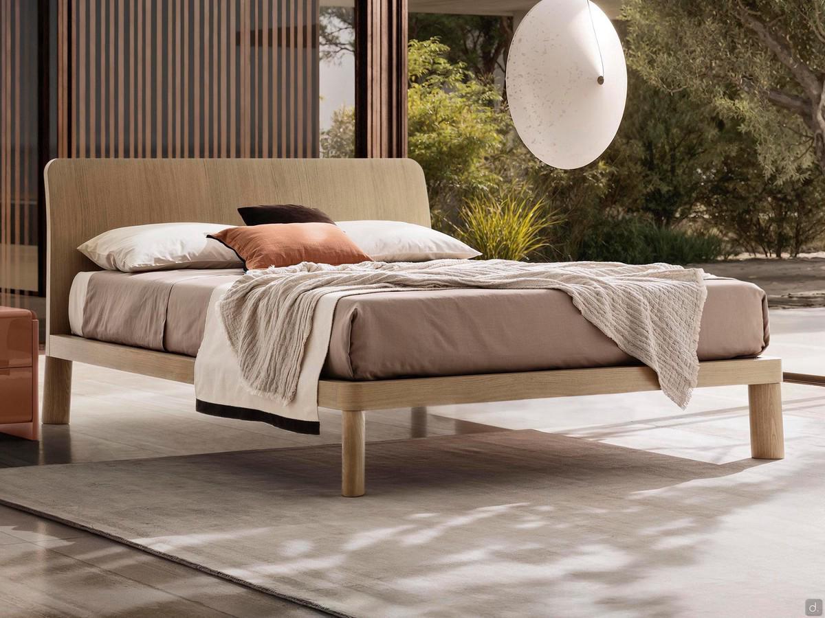 Lit double Stirling avec pieds en bois, version unicolore entièrement en chêne