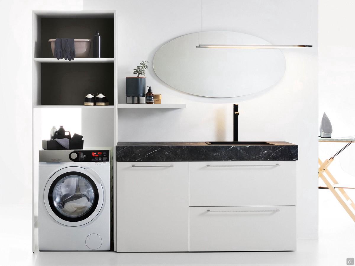 Armoire à linge Oasis L03 avec porte de lave-linge apparente, avec plan en hpl de 12,5 cm d'épaisseur, étagère assortie à la structure et lavabo en cristallite