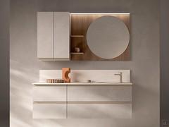 Meubles de salle de bains suspendus avec étagères et miroir N116 - Atlantic - composition en mélamine effet pierre 285 Mud avec miroir en mélamine effet bois 283 Cumin - vasque en céramique blanc brillant