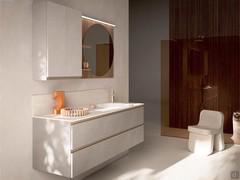 Composition complète d'un meuble haut à deux portes et d'un miroir. Mélaminé effet pierre pour le meuble bas et le meuble haut avec miroir contrasté en mélaminé effet bois 283 Cumin