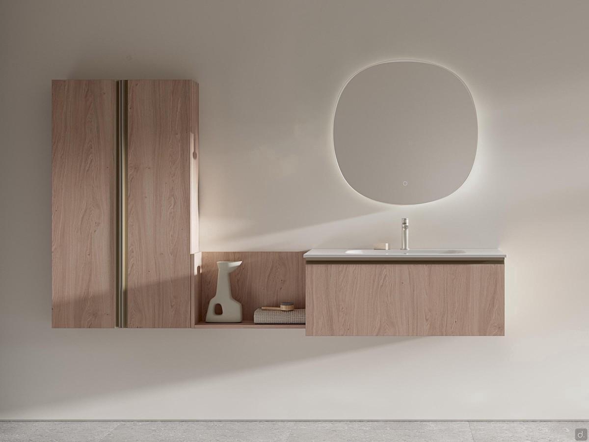 Meuble de salle de bains suspendu avec compartiment ouvert N121 Atlantic - élément haut, compartiment ouvert et élément bas avec tiroir assorti en mélaminé effet bois 277 crunchy avec miroir Wave