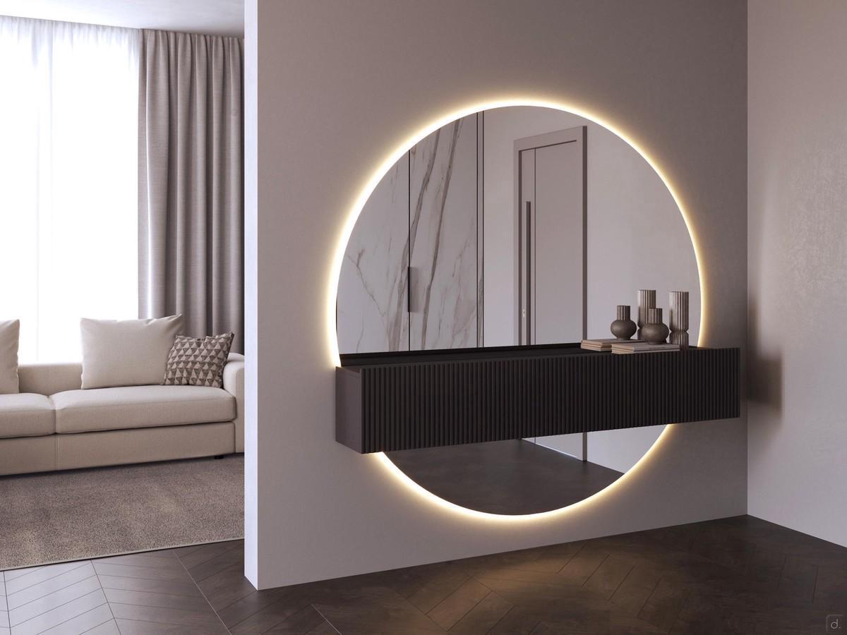 Tiroir suspendu pour l'entrée Heritage - Composition avec double tiroir embelli par le miroir en demi-lune Julius avec rétro-éclairage LED