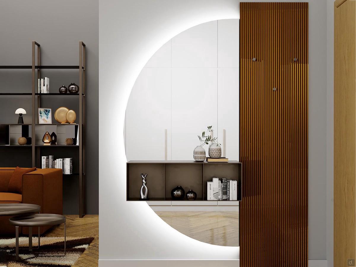 Niagara - panneau porte-manteaux pour l'entrée composé d'un panneau laqué sur mesure avec effet plissé, d'un miroir Julius sur mesure et d'éléments de rangement ouverts insérés en fraisage.