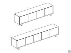 Schémas des deux modèles de meubles TV Merida, présentés ici avec un support métallique incliné de 20 cm, mais également disponibles avec d'autres bases.