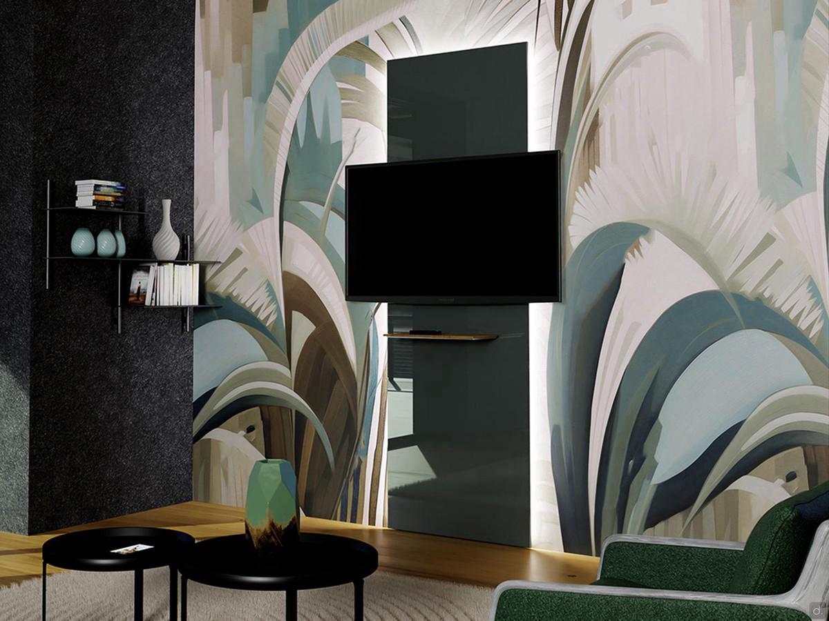 Panneau TV mural en verre, disponible dans toutes les couleurs de la gamme RAL, y compris la tablette en verre