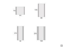 Schémas et dimensions des 4 modèles disponibles du miroir Millenium. Les deux modèles supérieurs ont des panneaux latéraux en verre coloré de 12 cm de large, tandis que les deux modèles inférieurs ont des panneaux latéraux de 20 et 30 cm de large respecti