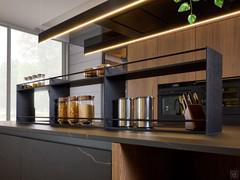 Des étagères à épices design intégrées à l'îlot de cuisson et à l'évier