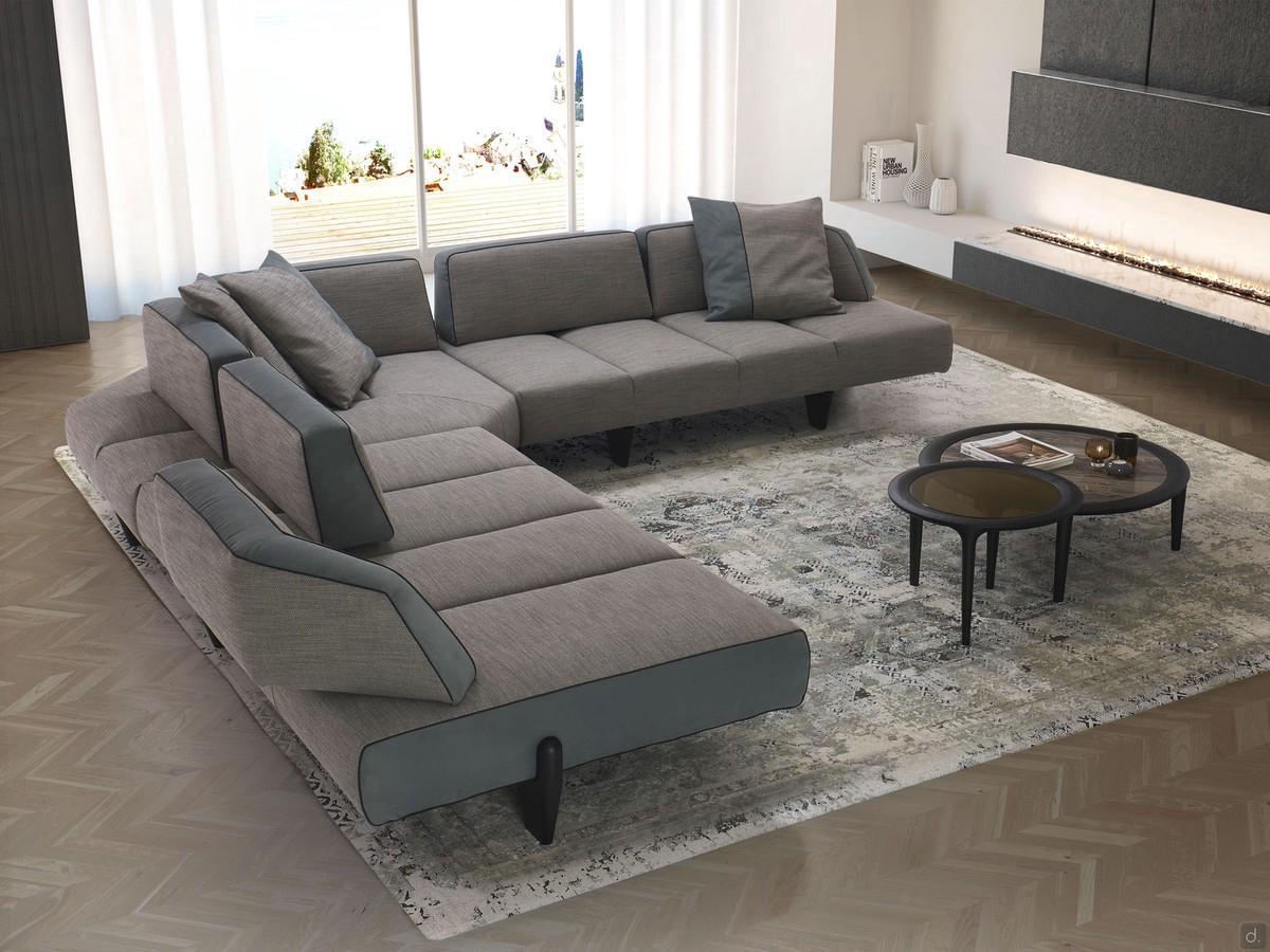 Canapé d'angle gris design Leyton outlet avec dossiers coulissants qui peuvent être déplacés vers l'arrière pour augmenter la profondeur d'assise