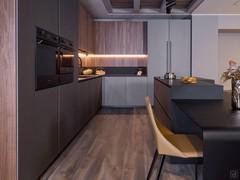 Cuisine de sortie AluX 01 avec îlot de cuisson et table Brooklyn intégrée