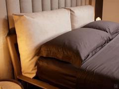 Détail des grands coussins moelleux de la tête de lit reposant directement sur le plateau du lit