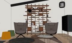 Rendu du salon avec espace de détente meublé de deux fauteuils, d'une bibliothèque modulaire en bois, d'un buffet bar, d'un ensemble de tables basses et de deux de poufs colorés