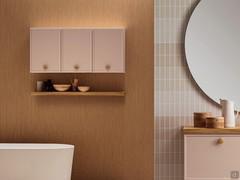 Etagère sur mesure Atlantic Frame de 4 cm d'épaisseur en bois massif de Chêne Ecorce, combinée avec le plan et les boutons des meubles bas et hauts d'un meuble de salle de bain de la collection Frame.