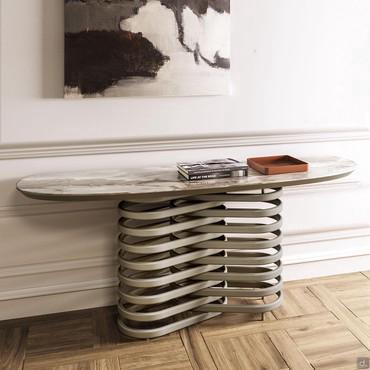 Vortex console avec structure en métal design et plateau en verre peint ou martelé, céramique ou marbre