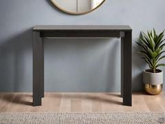 Table console à rallonge Harper ici proposée avec pieds inclinés en métal gaufré Graphite et plateau en placage Ardoise