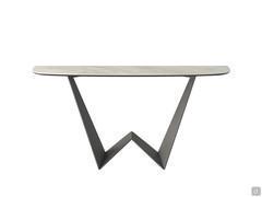 Vue des deux principaux éléments caractéristiques : la base au profil brisé et le plateau arrondi en grès cérame de 1,6 cm d'épaisseur. 